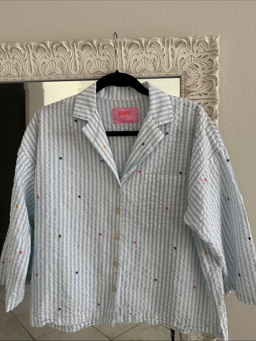 Starfit Light Blue Striped PJ shirt with Embroidered Stars
